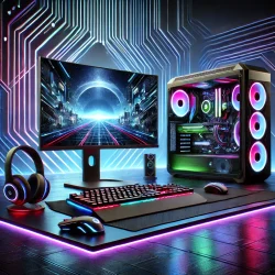 An immersive gaming setup featuring vibrant neon lights, high-tech gear, and futuristic visuals representing the world of gaming.